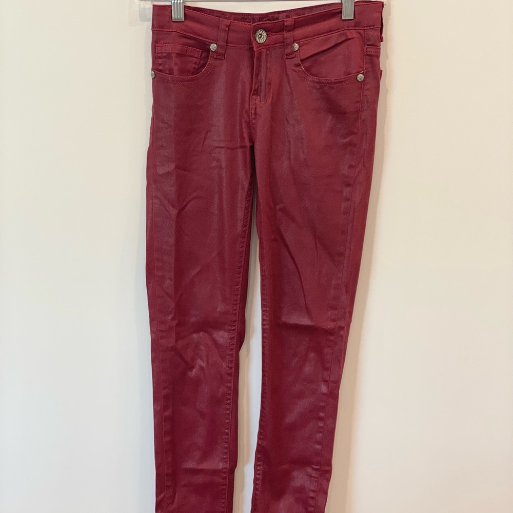 Red faux leather skinny pants